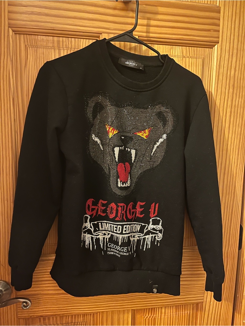 George Black Crewneck Sweatshirt with Bear Graphic and Red Accents